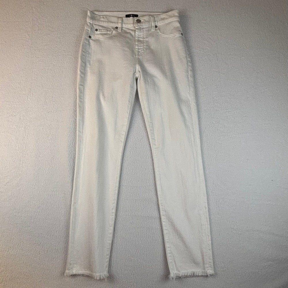 7 For All Mankind White Straight Leg Jeans Raw Hem Fringe Size 27